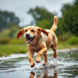 A playful dog joyfully running in the rain, raindrops splashing around as it leaps through puddles