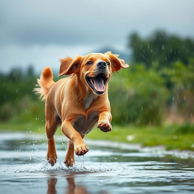 A playful dog joyfully running in the rain, raindrops splashing around as it leaps through puddles