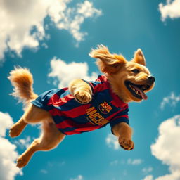 A playful dog soaring through the sky, energetically flying with a vibrant FC Barcelona jersey on