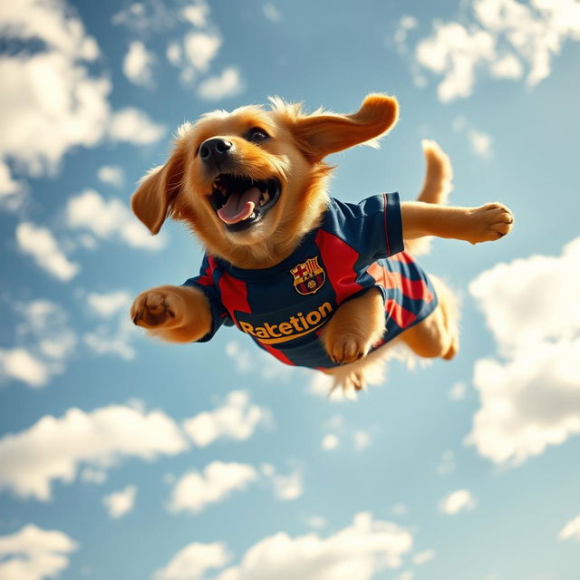 A playful dog soaring through the sky, energetically flying with a vibrant FC Barcelona jersey on