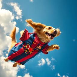 A playful dog soaring through the sky, energetically flying with a vibrant FC Barcelona jersey on