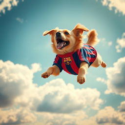 A playful dog soaring through the sky, energetically flying with a vibrant FC Barcelona jersey on