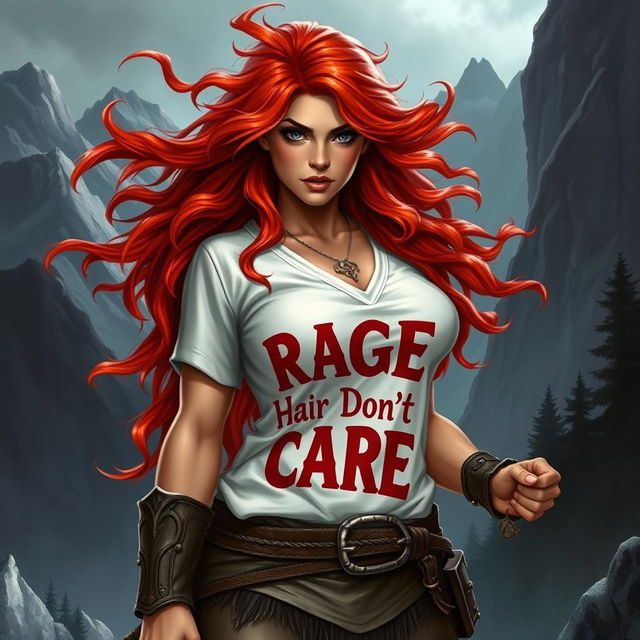 A high fantasy D&D style female dwarf barbarian with wild, flowing red hair that appears almost fiery