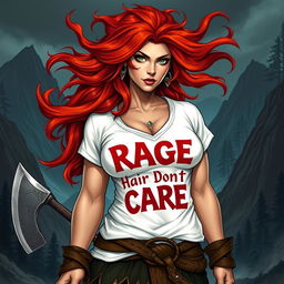 A high fantasy D&D style female dwarf barbarian with wild, flowing red hair that appears almost fiery