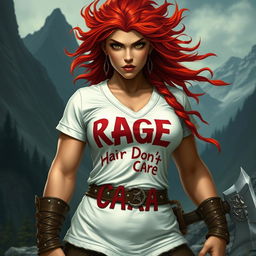 A high fantasy D&D style female dwarf barbarian with wild, flowing red hair that appears almost fiery