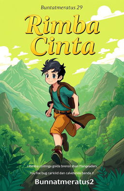 An adventurous and romantic illustration featuring a character named Rama or Andi in a vibrant green and natural background depicting mountains, forests, and other landscapes