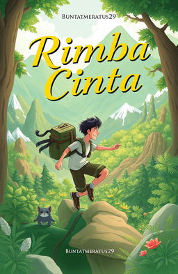 An adventurous and romantic illustration featuring a character named Rama or Andi in a vibrant green and natural background depicting mountains, forests, and other landscapes