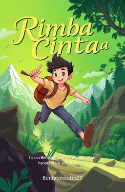 An adventurous and romantic illustration featuring a character named Rama or Andi in a vibrant green and natural background depicting mountains, forests, and other landscapes