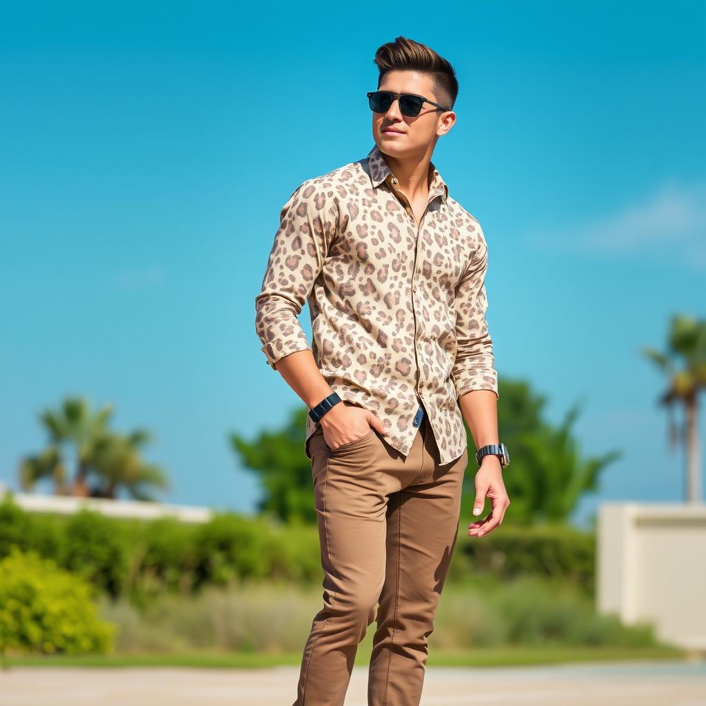 A trendy man wearing a light clout full sleeve shirt with a distinctive cheetah print, showing a stylish and confident demeanor