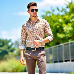 A trendy man wearing a light clout full sleeve shirt with a distinctive cheetah print, showing a stylish and confident demeanor