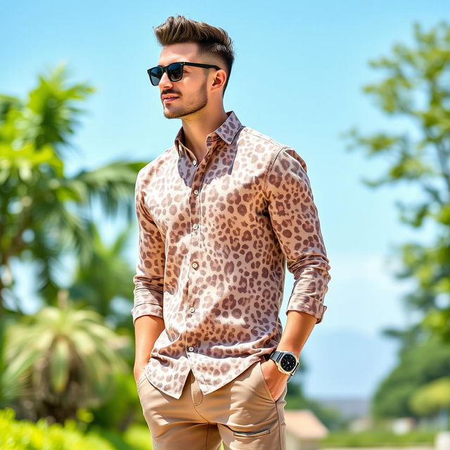 A trendy man wearing a light clout full sleeve shirt with a distinctive cheetah print, showing a stylish and confident demeanor