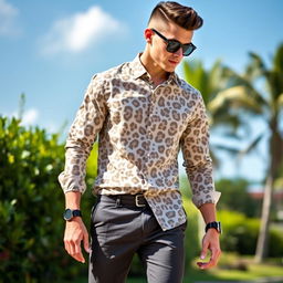 A trendy man wearing a light clout full sleeve shirt with a distinctive cheetah print, showing a stylish and confident demeanor