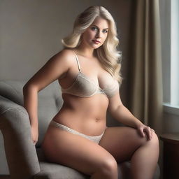 A high-resolution, realistic photograph of an attractive blonde woman with a voluptuous figure