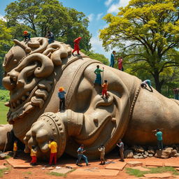 A large, ancient statue lying on the ground, with small people busily working around it