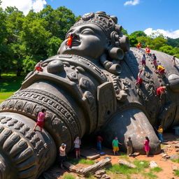 A large, ancient statue lying on the ground, with small people busily working around it