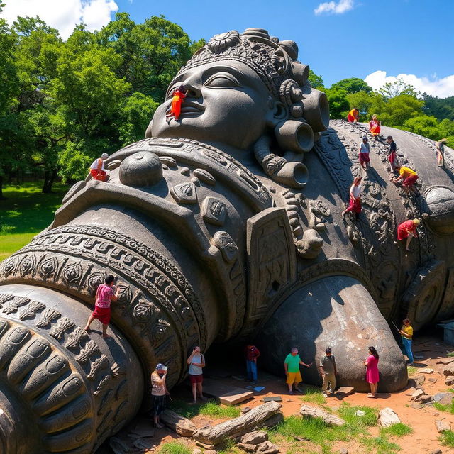 A large, ancient statue lying on the ground, with small people busily working around it
