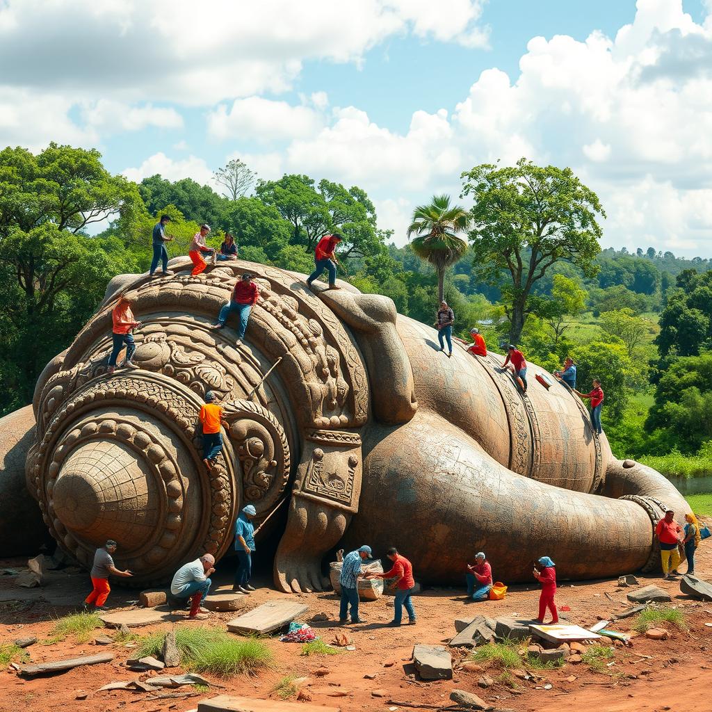A large, ancient statue lying on the ground, with small people busily working around it