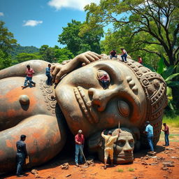 A large, ancient statue lying on the ground, with small people busily working around it