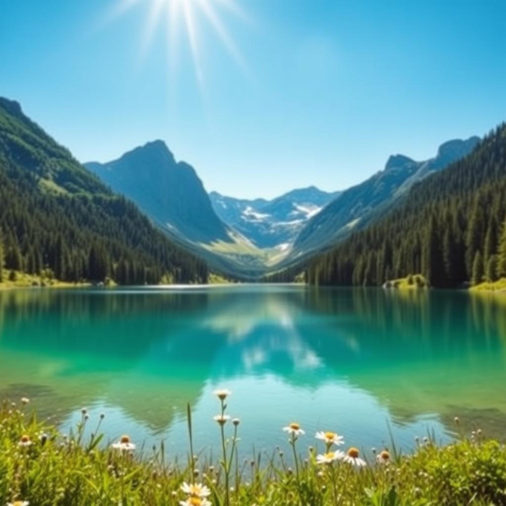 A stunning natural landscape featuring a serene lake surrounded by lush green forests, with towering mountains in the background under a clear blue sky