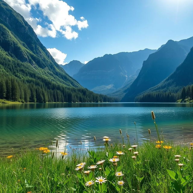 A stunning natural landscape featuring a serene lake surrounded by lush green forests, with towering mountains in the background under a clear blue sky