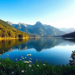 A stunning natural landscape featuring a serene lake surrounded by lush green forests, with towering mountains in the background under a clear blue sky