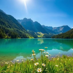 A stunning natural landscape featuring a serene lake surrounded by lush green forests, with towering mountains in the background under a clear blue sky