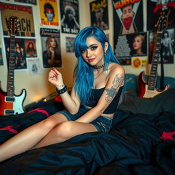 A rock-themed girl with striking blue hair, wearing a stylish mini skirt, casually laying in bed