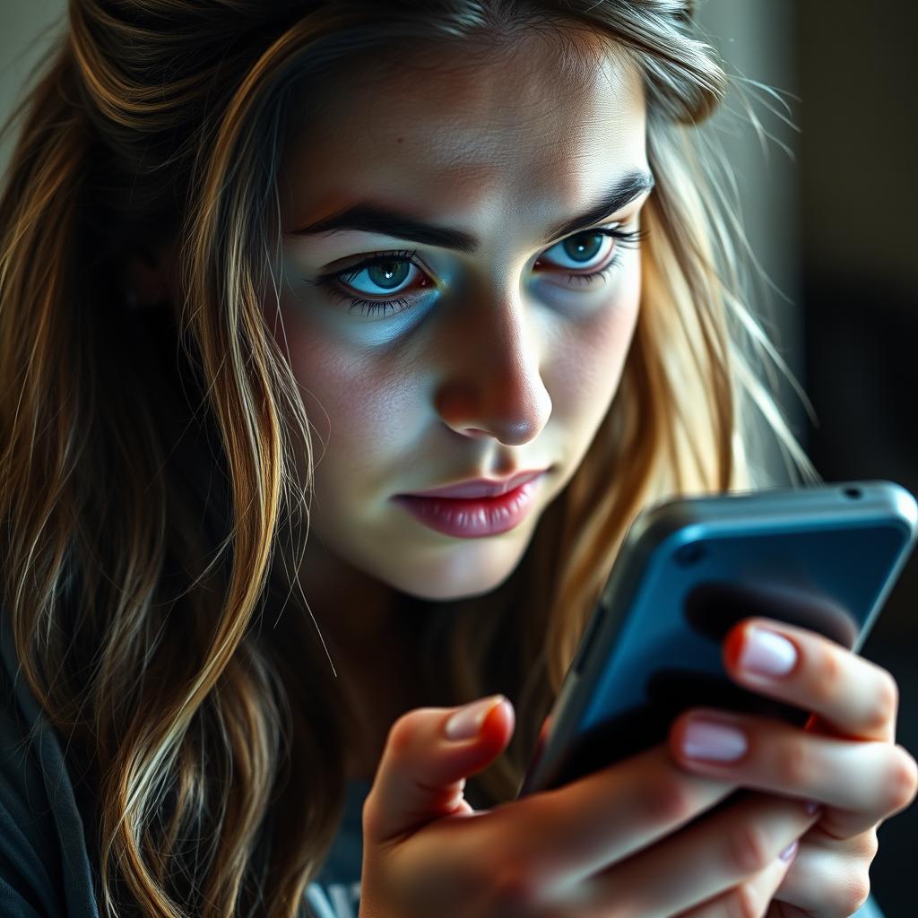 A medium shot of Tyla, a young woman with long, wavy hair and a casual outfit, holding her smartphone in one hand