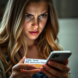 A medium shot of Tyla, a young woman with long, wavy hair and a casual outfit, holding her smartphone in one hand