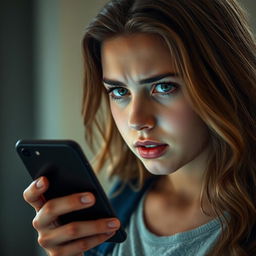 A medium shot of Tyla, a young woman with long, wavy hair and a casual outfit, holding her smartphone in one hand