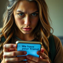 A medium shot of Tyla, a young woman with long, wavy hair and a casual outfit, holding her smartphone in one hand