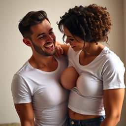 A handsome man with a charming smile and an excited expression is gently caressing the gigantic breasts of an attractive woman