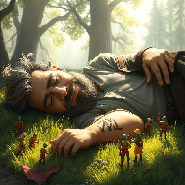 A fantasy scene depicting a big, relaxed man peacefully sleeping on a grassy meadow