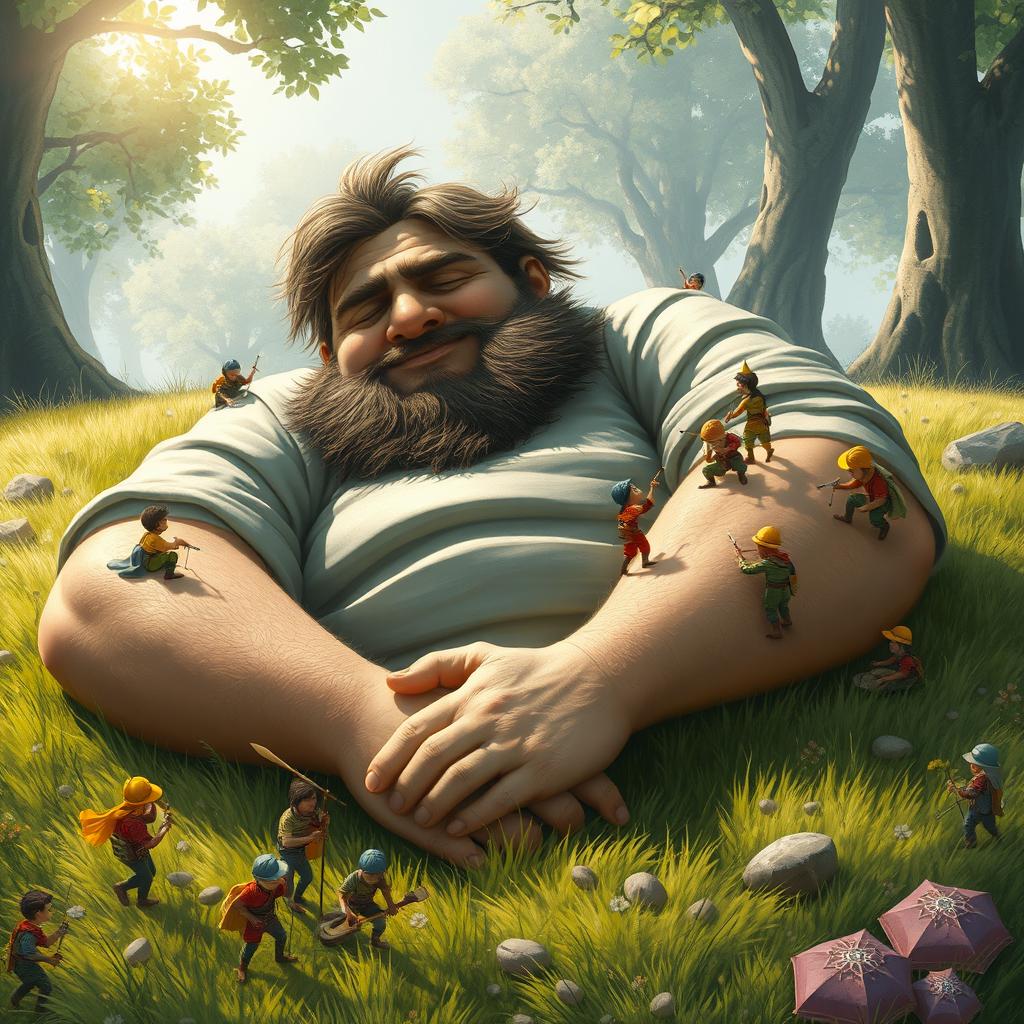 A fantasy scene depicting a big, relaxed man peacefully sleeping on a grassy meadow