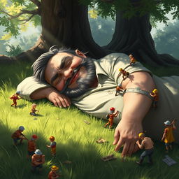 A fantasy scene depicting a big, relaxed man peacefully sleeping on a grassy meadow