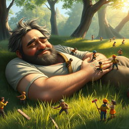 A fantasy scene depicting a big, relaxed man peacefully sleeping on a grassy meadow