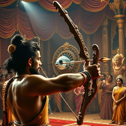 A thrilling moment captured in the Swayamvar hall, featuring Arjuna aiming with intense focus at a challenging target: the eye of a fish that is elegantly suspended from a beautifully designed wheel