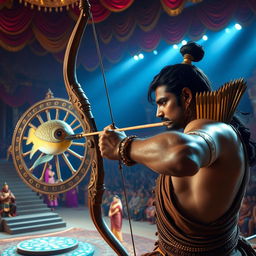 A thrilling moment captured in the Swayamvar hall, featuring Arjuna aiming with intense focus at a challenging target: the eye of a fish that is elegantly suspended from a beautifully designed wheel