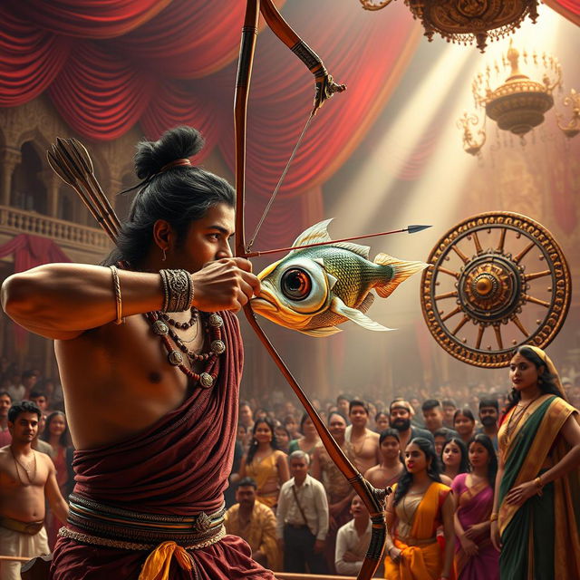 A thrilling moment captured in the Swayamvar hall, featuring Arjuna aiming with intense focus at a challenging target: the eye of a fish that is elegantly suspended from a beautifully designed wheel