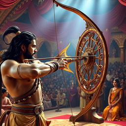 A thrilling moment captured in the Swayamvar hall, featuring Arjuna aiming with intense focus at a challenging target: the eye of a fish that is elegantly suspended from a beautifully designed wheel