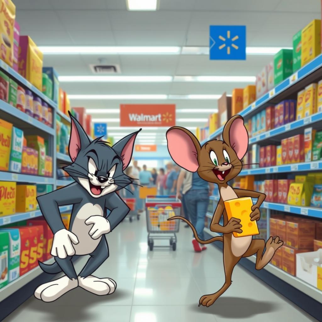 A whimsical scene featuring Tom and Jerry in a busy Wal-Mart store