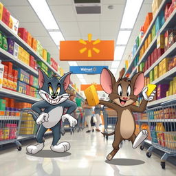 A whimsical scene featuring Tom and Jerry in a busy Wal-Mart store