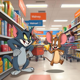 A whimsical scene featuring Tom and Jerry in a busy Wal-Mart store