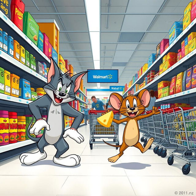 A whimsical scene featuring Tom and Jerry in a busy Wal-Mart store