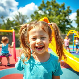 A playful scene in a colorful kids' playground, featuring a young girl with long, vibrant pig tails, joyfully laughing as she pulls on her own hair playfully