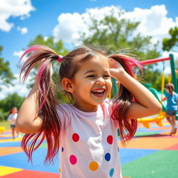 A playful scene in a colorful kids' playground, featuring a young girl with long, vibrant pig tails, joyfully laughing as she pulls on her own hair playfully