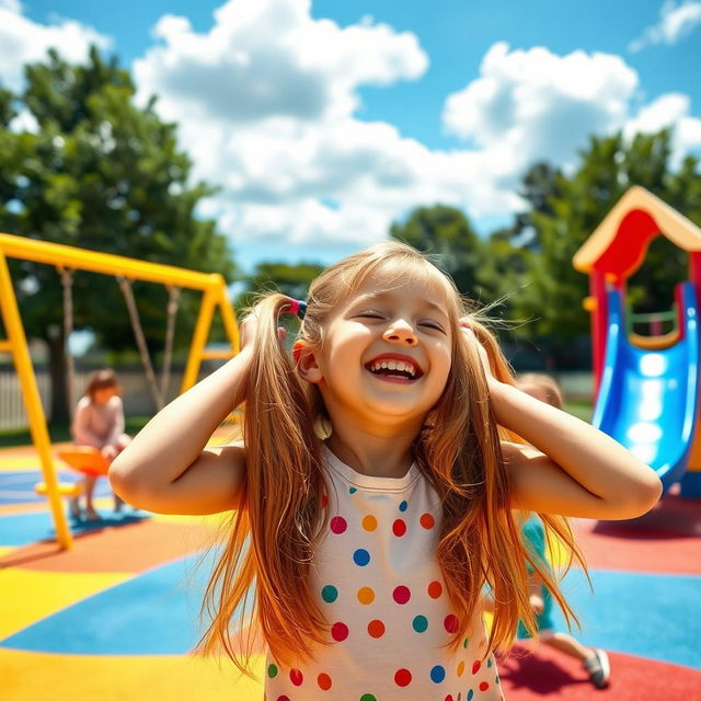 A playful scene in a colorful kids' playground, featuring a young girl with long, vibrant pig tails, joyfully laughing as she pulls on her own hair playfully