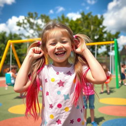 A playful scene in a colorful kids' playground, featuring a young girl with long, vibrant pig tails, joyfully laughing as she pulls on her own hair playfully