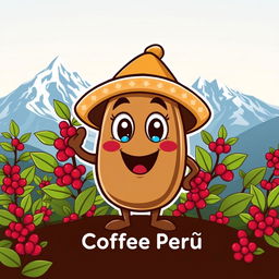 A cute, cartoonish mascot for a coffee company named 'Coffee Perú'