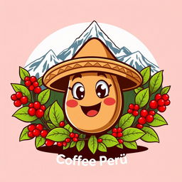 A cute, cartoonish mascot for a coffee company named 'Coffee Perú'